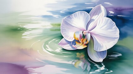 Elegant white orchid flower with water reflections in an artistic watercolor style