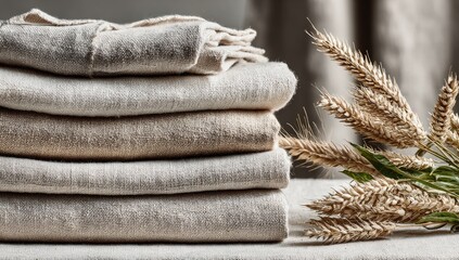 Stacked natural linen garments on a table, accented by wheat stalks