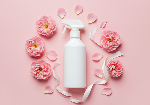White Spray Bottle Mockup with Pink Roses