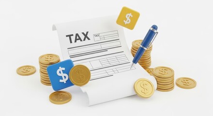Tax Document with Coins and Pen - Financial planning, tax preparation, accounting, wealth management, and budgeting are symbolized by a tax form, coins, and a pen