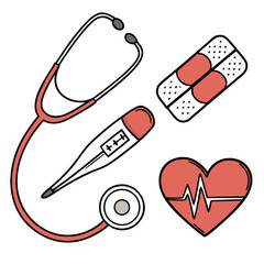 Medical icons including a stethoscope thermometer bandages and a heart with a heartbeat line