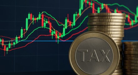 Tax Implications of Market Fluctuations - Stacks of coins with TAX label against a background of fluctuating market graphs. Illustrates financial tax burdens