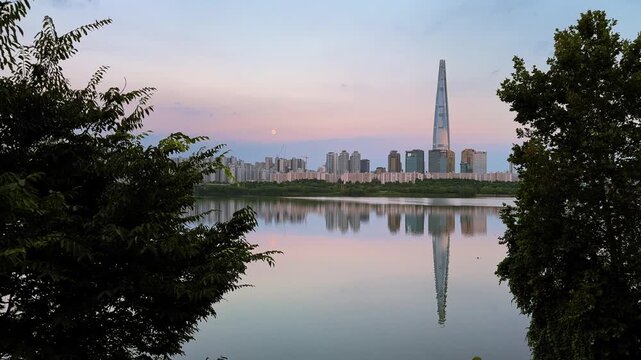 Trees in silhouette along the riverbank at dusk with Lotte World Tower in background in Seoul, South Korea, captured on a calm summer evening