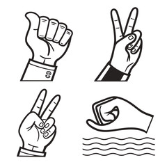 Set of four stylized hand gestures including thumbs up and peace sign icons