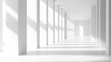 Obraz premium Empty white corridor with columns and sunlight.