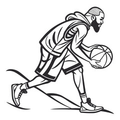 Stylized black and white illustration of a basketball player dribbling the ball with a determined expression