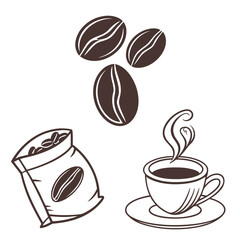 Stylized illustration of coffee beans a bag of coffee and a steaming cup of coffee
