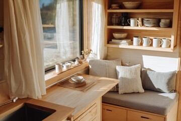 Cozy Scandinavian-style tiny home with built-in seating and natural light