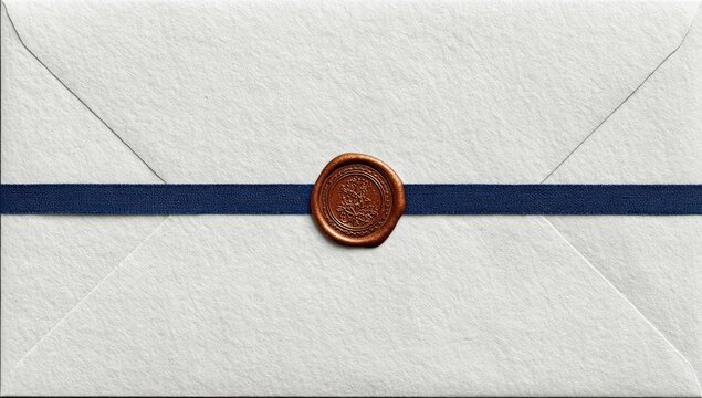 A  white envelope sealed with a copper wax stamp and navy ribbon - Powered by Adobe