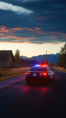 Fototapeta premium Police car with flashing lights cruises down a dark road. Sunset colors illuminate the sky and distant mountains.
