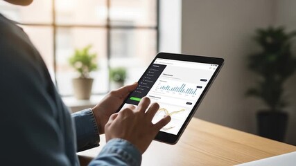 Woman Interacting with Business Analytics Dashboard on a Tablet Device - Powered by Adobe