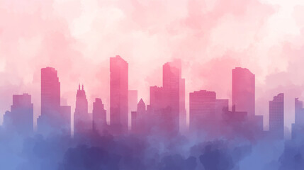 Fototapeta premium Abstract city skyline silhouette with vibrant watercolor hues. Dreamy gradient of pink and blue creates a modern urban landscape.