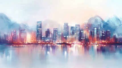 Fototapeta premium Vibrant cityscape at night reflects on calm water surface. Dynamic urban scene with glowing city lights and abstract elements.