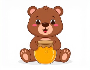 Cute cartoon honey bear character with a jar, representing sweetness and happiness.