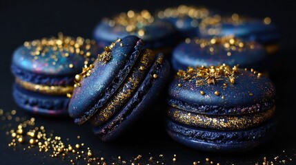 Delicious blue macarons with gold glitter for dessert bakery sweet treat
