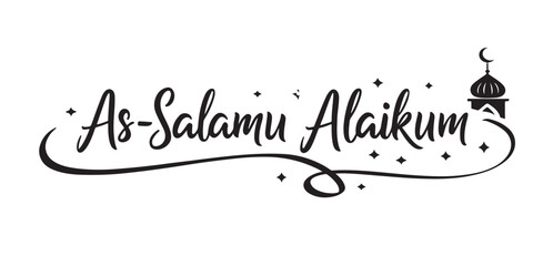 Elegant As-Salamu Alaikum Calligraphy with Mosque Silhouette and Sparkling Stars Wishing Peace and Blessings