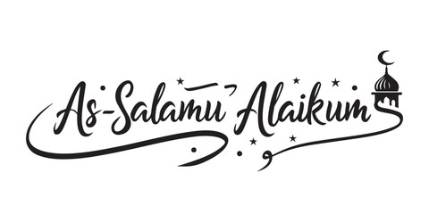 Elegant Calligraphy Depicting Islamic Greeting As-Salamu Alaikum with Mosque Silhouette and Star Accents Conveying Peace and Blessings