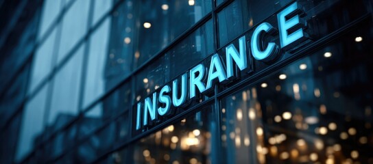 Obraz premium Insurance office building with illuminated sign at night