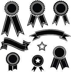 Vector collection of black and white award ribbons badges and emblems on white background