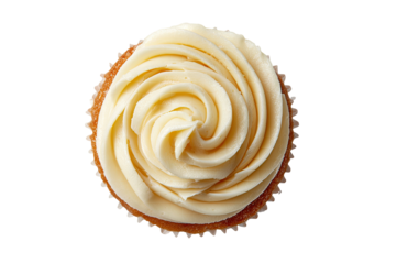 Close-up of a single cupcake, topped with a swirl of pale yellow frosting