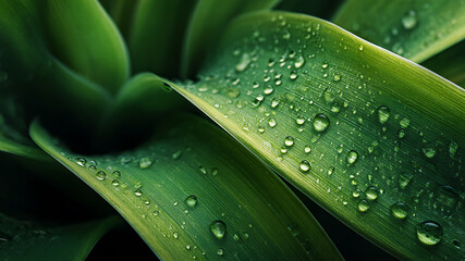 Obraz premium Fresh Green Leaves Adorned with Sparkling Water Droplets, Close-Up View