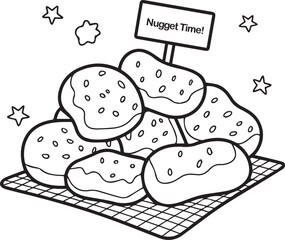 Pile of Chicken Nuggets with Nugget Time Sign Line Art Illustration on Wire Rack