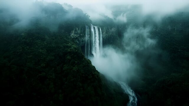 Aerial view of a misty waterfall surrounded by dense forest and rocky cliffs. The scene is set against a backdrop of misty mountains and valleys, with the mist obscuring the landscape.
