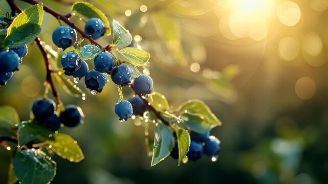 A closeup of blueberries with water droplets on them, set against a backdrop of a sunlit forest. The blueberries are in sharp focus, while the background is slightly blurred.