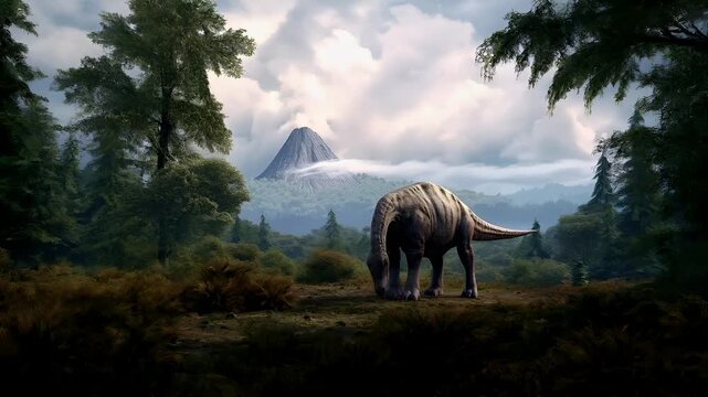 A vivid portrayal of a large, longnecked dinosaur, possibly a brachiosaurus, standing in a natural setting with a mountainous backdrop. The dinosaur is depicted in a side profile.