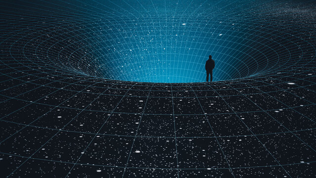 Silhouette of a man observing a black hole in the vast cosmos