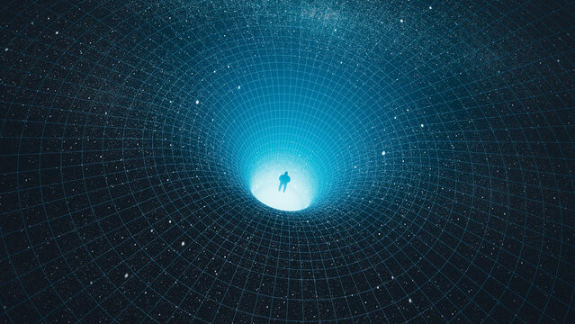 Silhouette of a man observing a black hole in the vast cosmos