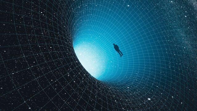 Silhouette of a man observing a black hole in the vast cosmos