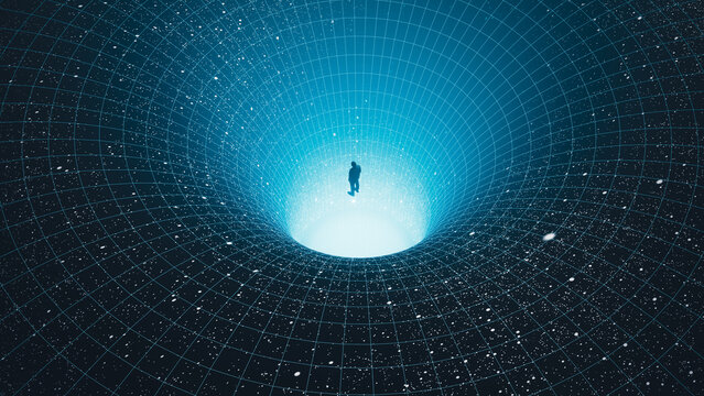 Silhouette of a man observing a black hole in the vast cosmos