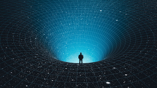 Silhouette of a man observing a black hole in the vast cosmos