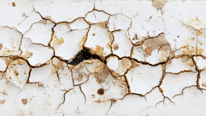 Cracked white paint surface.  Extensive network of fissures and cracks spiderwebbing across a pale white painted surface.  