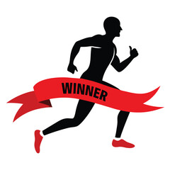 Silhouette of a Winning Runner Crossing the Finish Line with Red Ribbon