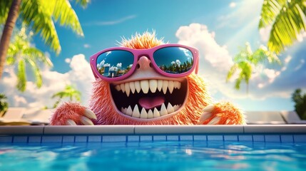 A furry creature with sunglasses enjoys a sunny day by the pool.