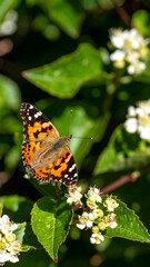 Obraz premium A butterfly rests on a cluster of white flowers amidst vibrant green foliage
