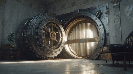 Fototapeta premium Open bank vault interior with light and aged architecture