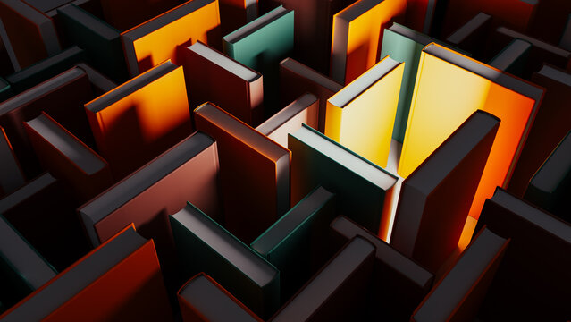 Discovering knowledge within colorful books surrounded by shadows