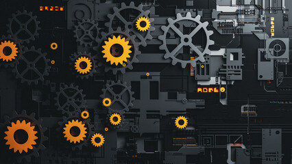 Intricate abstract 3D gear design with vivid orange accents