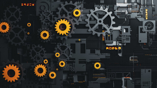 Intricate abstract 3D gear design with vivid orange accents