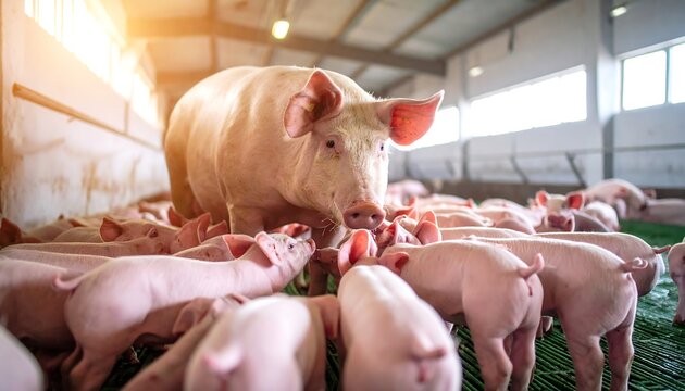 Sow stands guard over her piglets in a modern, sunlit piggery