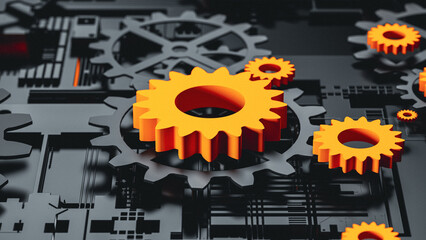 Intricate abstract 3D gear design with vivid orange accents