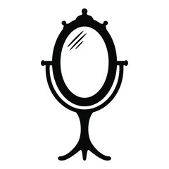 Art of elegant vintage oval tabletop mirror with ornate stand, isolated on white background