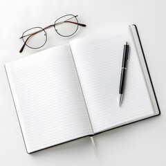 Open notebook with lined pages and a black pen alongside eyeglasses on a white surface top down view