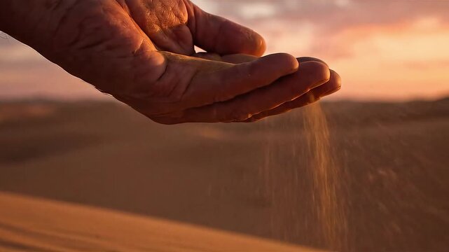 Hand releasing sand against a desert sunset  