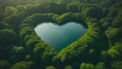 Stunning Heart-Shaped Lake Surrounded by Lush Green Forest

