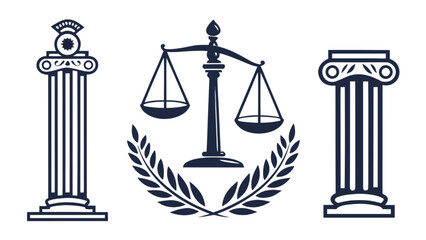 Illustration of scales of justice between two ionic columns with wreath design element
