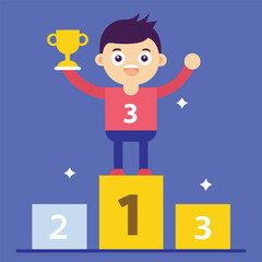 Happy Boy Winning First Place Trophy on Podium